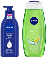 NIVEA Body Lotion for Very Dry Skin, 600 ml & NIVEA Body Wash, Lemon & Oil Shower Gel, Pampering Care with Refreshing Scent of Lemon, 500 ml