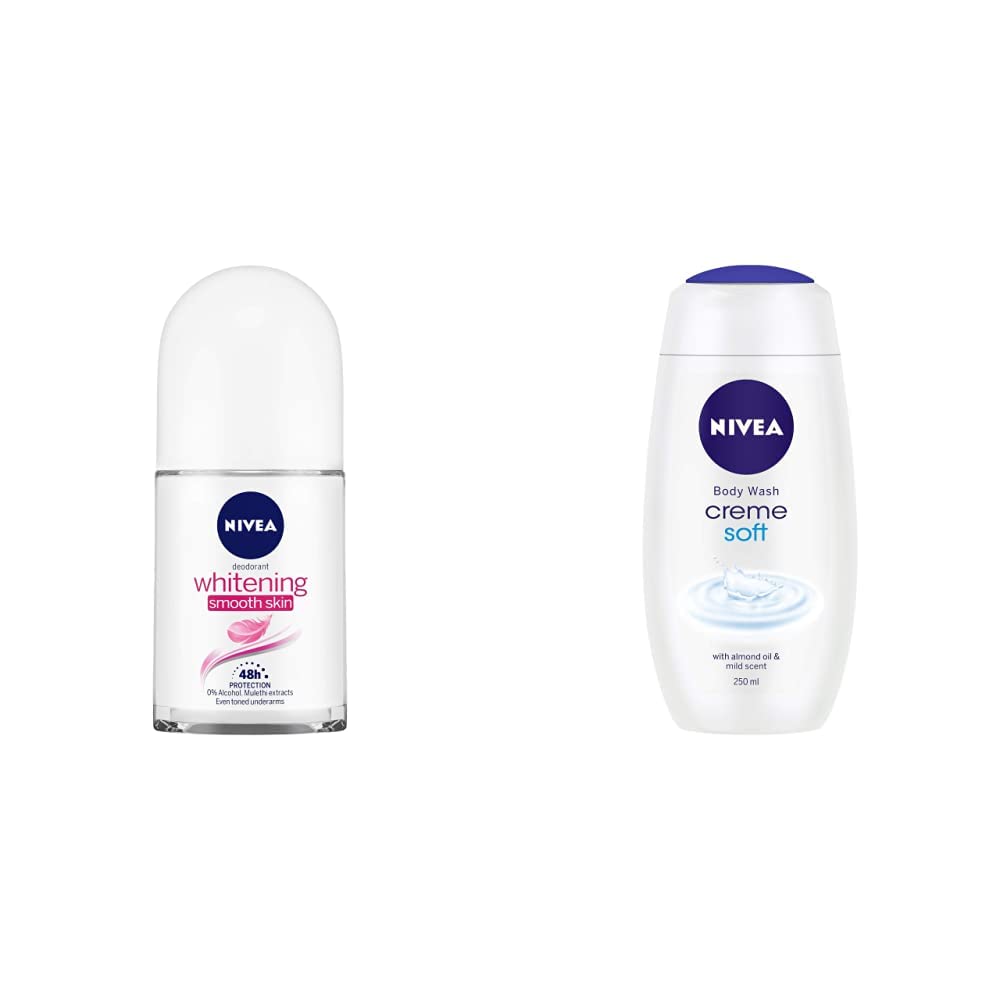 Nivea Female Deodorant Cream Roll-On, almond scent, Whitening Smooth Skin, 50Ml And Shower Gel, Crème Soft Body Wash, 250Ml, Pack Of 1