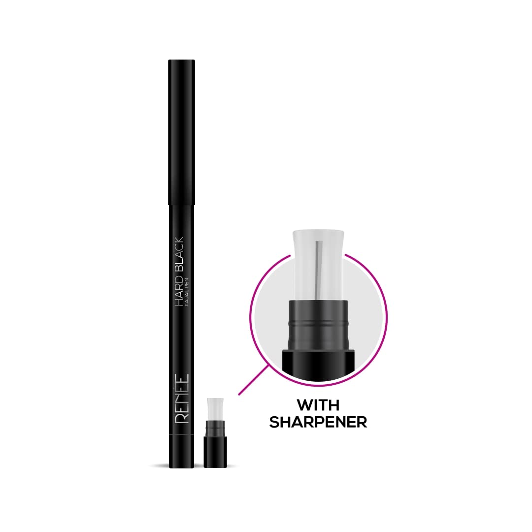 RENEE Hard Black Kajal Pen with Sharpener, 24 Hrs Stay Long Lasting Super Black Kajal Pencil 0.35gm, Matte Finish, Rich Color Payoff, Smudge & Water Proof with One Swipe Application Formula