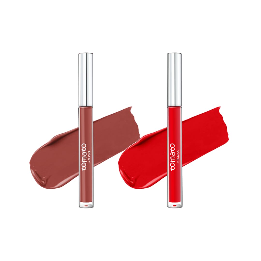 FLiCKA Tomato Liquid Matte Lipstick Transfer Proof, Smudge Proof, Non-Sticky, Creamy Lightweight Shade 2 & Shade 9 Combo