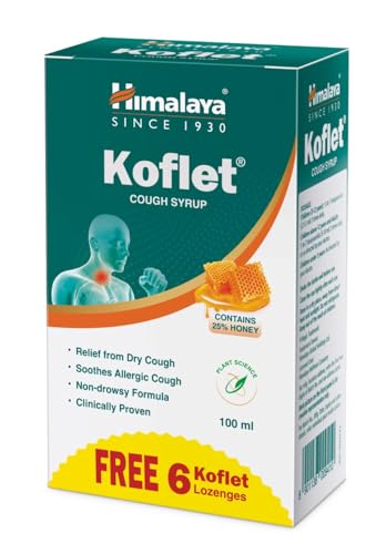 Himalaya Kolfet Cough Syrup 100 ml + 6 Koflet lozenges Free Herbal| Non-Drowsy Formula| 25% Honey| Wet & Dry Cough | Sore throat | Irritation