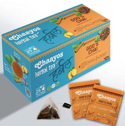 Chaayos Ayurvedic Herbal Tea (God's Chai) Tea Bags-25 Pyramid Tea Bags | Contains 21 Natural Ayurvedic Herbs | Ayurvedic herbal tea for immunity | 100% Natural Immunity Booster | Detox Tea | Green Tea | Tea