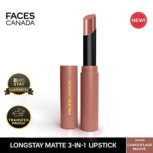 FACESCANADA Long Stay 3-In-1 Matte Lipstick - Camouflage Mauve 07, 2G|8Hr Longstay|Transfer Proof|Moisturizing|Chamomile & Shea Butter|Primer-Infused|Lightweight|Intense Color Payoff