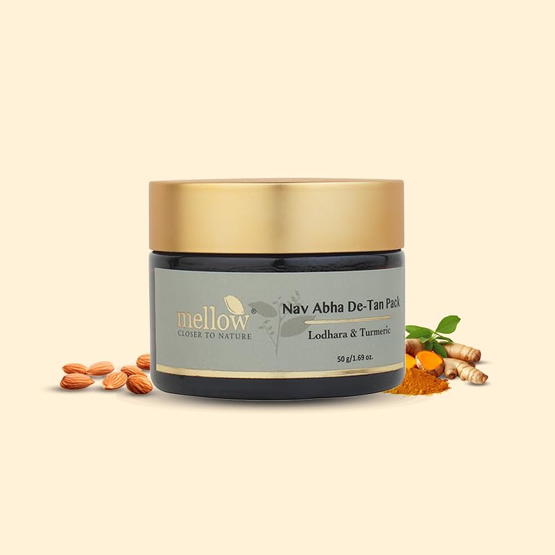 Mellow Herbals Nav-Abha Detan Face pack (50gm) with Almond Oil, Mulethi, Lodhara, Turmeric & Ghrta Laal Chandan | For Radiant, Even & Natural Looking Skin | Helps To Remove Sun Tan & Dark Spots | Ayush Certified | GMO, Paraben and Silicone Free