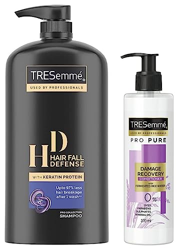 Tresemme Hair Fall Defence Shampoo, 1 Ltr & TRESemme Pro Pure Damage Recovery Conditioner, with Fermented Rice Water, Sulphate Free & Paraben Free, for Damaged Hair, 390 ml