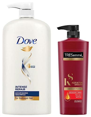 TRESemme Keratin Smooth Shampoo, 580ml & Dove Intense Repair Shampoo, 1L
