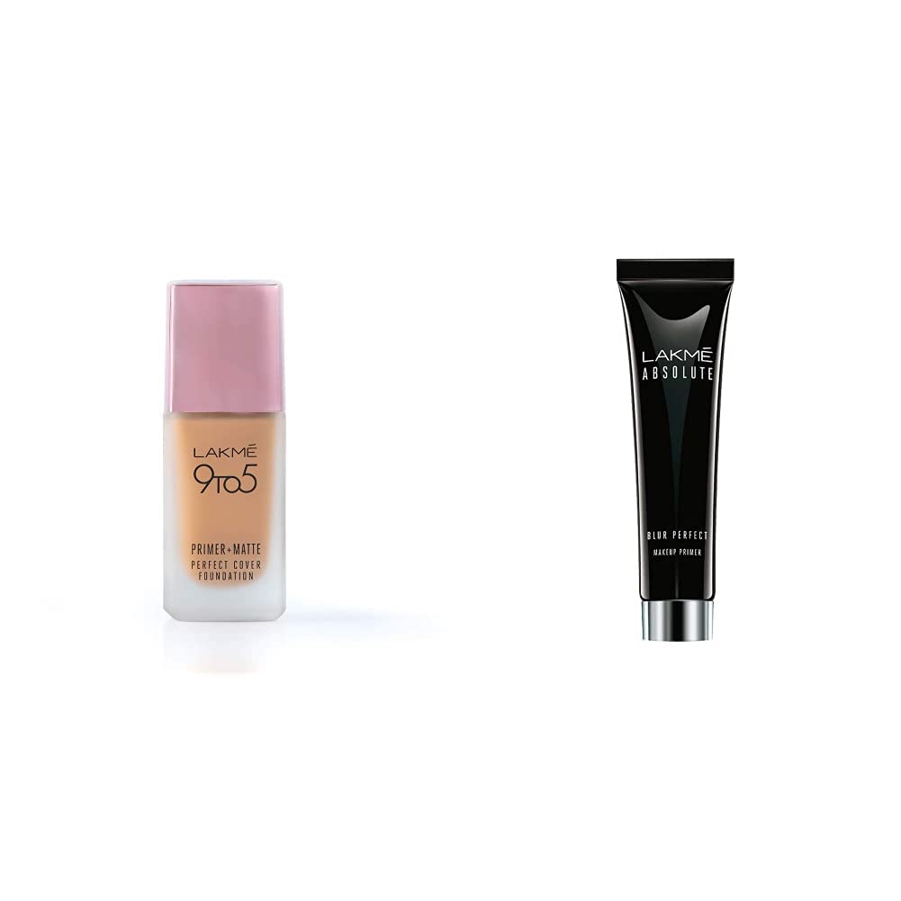 Lakmé 9 To 5 Primer + Matte Perfect Cover Full Liquid Foundation, W240 Warm Beige, 25ml & Absolute Blur Perfect Makeup Primer, Peach, 10g (Acne Prone)