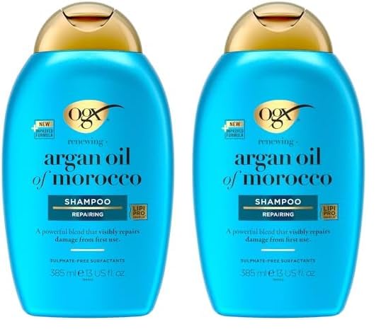OGX Renewing + Argan Oil of Morocco Hydrating Hair Shampoo, Cold-Pressed Argan Oil to Help Moisturize, Soften & Strengthen Hair, Paraben-Free with Sulfate-Free Surfactants, 385 g (Pack of 2)