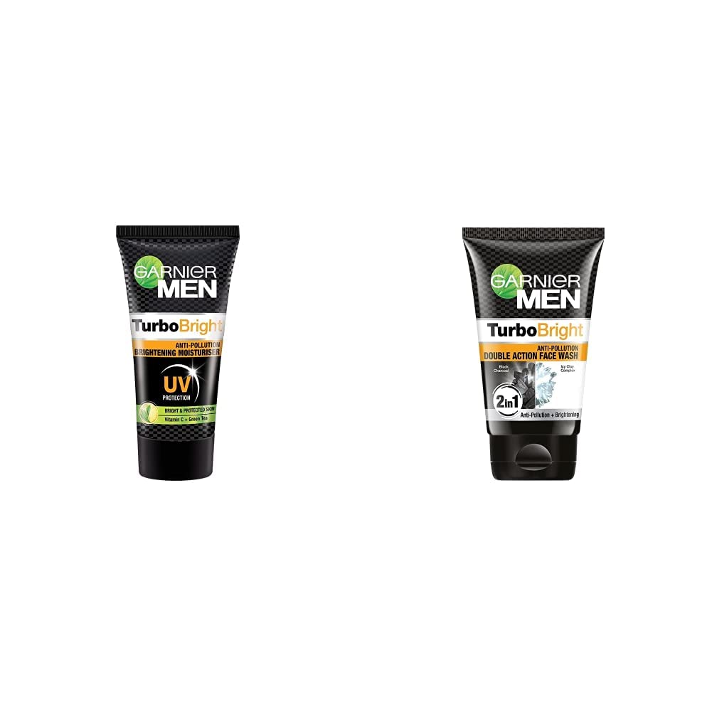 Garnier Men Power White Anti-Pollution Brightening Moisturiser,40g & Garnier Men, Face Wash, Brightening & Anti-Pollution, TurboBright Double Action, 100 g