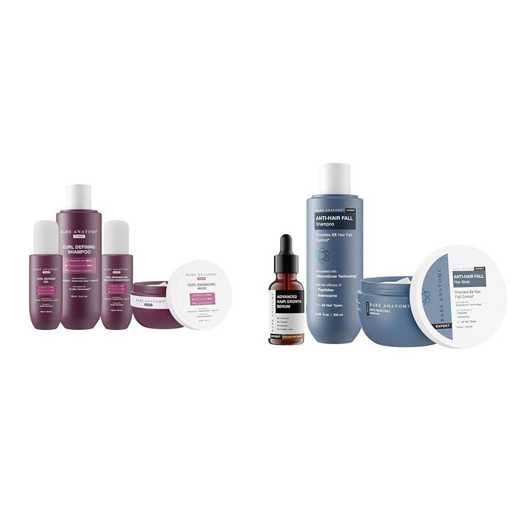 Bare Anatomy Curl Defining Shampoo + Hair Mask + Leave-In Conditioner + Gel 250ml + 250g + 140ml + 140ml Anti-Hair Fall Shampoo + Mask for Women & Men