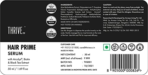 ThriveCo Anti-Grey Hair Prime Serum | Reverses & Limits Hair Greying | Arcolys + Biotin + Black Tea Extract | Light-Weight, Non-Sticky & Odourless | For Men and Women | 50 Ml (Pack of 3)