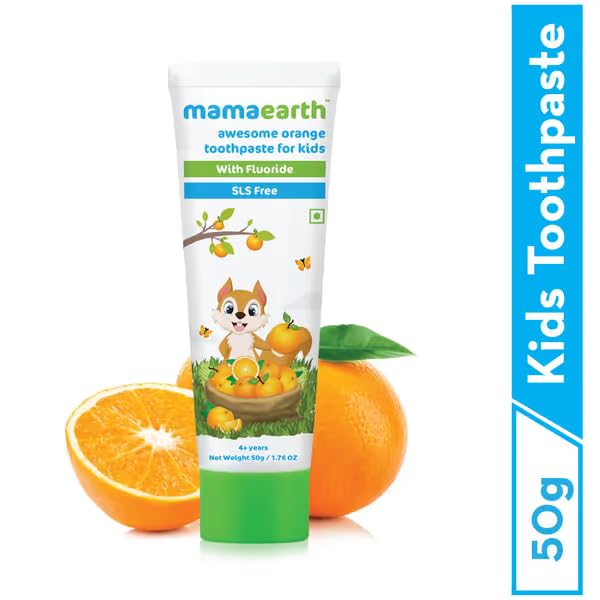 Mamaearth Natural Toothpaste for Cleanses Cavity,Plaque Repairing, Orange Flavour, SLS Free, with 750 Ppm Fluoride, 4+ Years, Plant Based with No Harmful Chemicals, 50Gm