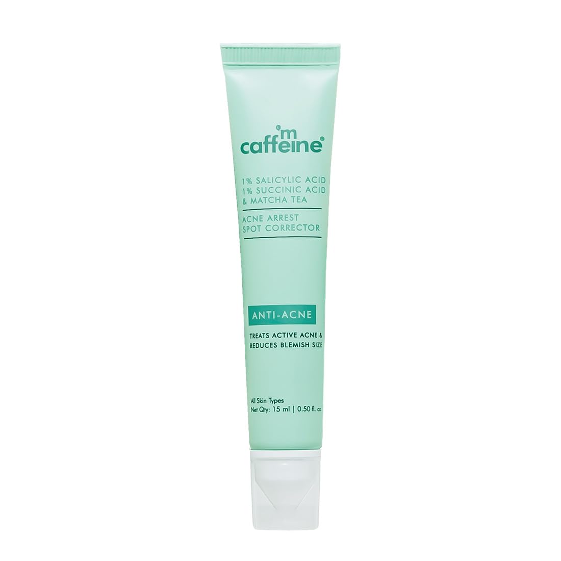 mCaffeine 1% Salicylic Acid Acne Arrest Spot Corrector with 1% Succinic Acid & Matcha Tea | Anti Acne Gel for Active Acne & Acne Scars | Reduces Acne Size & Redness | Soothing & Non-Drying for both Women and Men - 15 ml