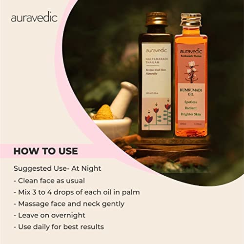 Auravedic Kumkumadi tailam for face Kumkumadi face oil for glowing skin & Nalpamaradi thailam 100 ml pack of 2 kumkumadi oil for face serum pigmentation serum face body oil after bath for daily use