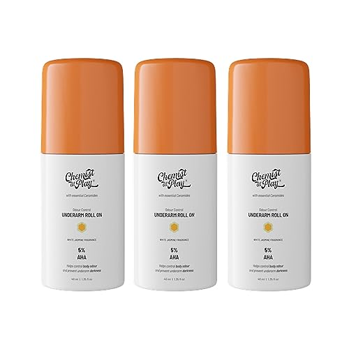 Chemist at Play UnderArm Roll-On Deodorant with 5% AHA, Lactic Acid & 1% Mandelic Acid | Prevents Body Odour, Brightens Skin & Exfoliates Underarm | White Jasmine Fragrance 40ml (Pack of 3)