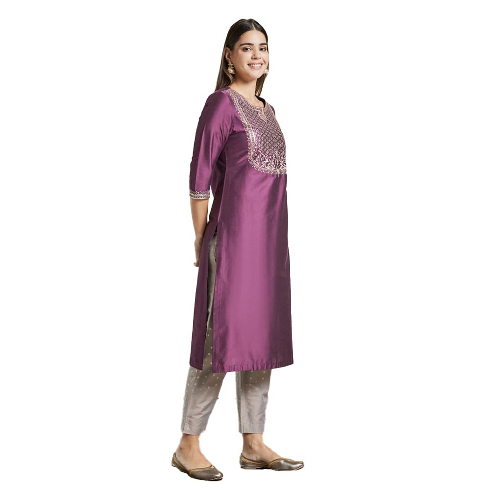 Kashish Women's  Viscose Embroidered Round Neck Straight Fit Kurta