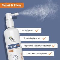 FIXDERMA Salyzap-Az 2% Salicylic Acid + 2% Azelaic Acid Body Acne Treatment Unscented Spray For Acne On Body Parts Like Back, Upper Arms | Paraben Free | Unclog Pores - 100Ml