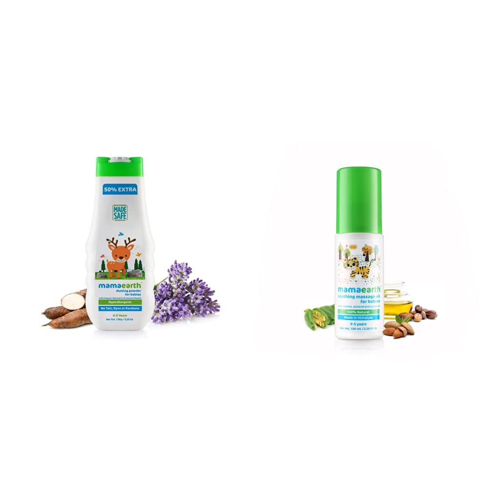 Mamaearth dusting Powder with Organic Oatmeal & Arrowroot Powder 150g & Soothing Massage Oil for Babies (100 ml, 0-5 Yrs) Combo