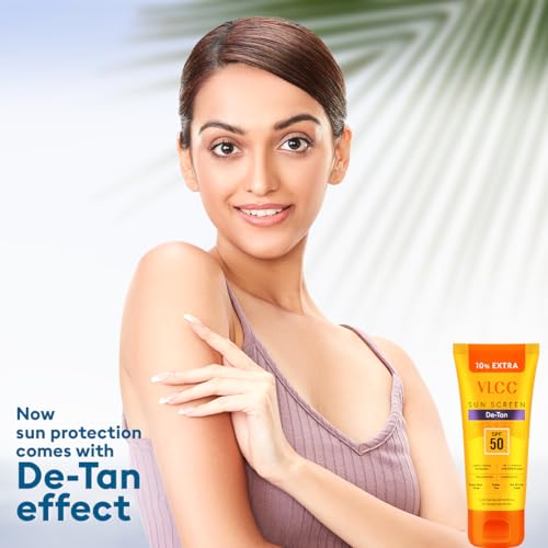 VLCC De-Tan SPF 50 PA+++ Sunscreen Gel Crème - 100g + 10g Extra | With Cucumber, Carrot, and Saxifraga Extracts | Enhances Glow, Protects from UVA, UVB Rays, and Help Reduce Dark Patches.