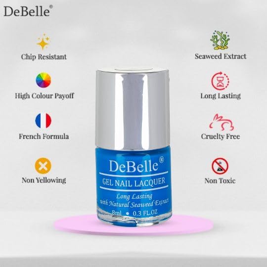 DeBelle Gel Nail Polish La Azure (Blue Nail Paint)|Non UV - Gel Finish |Chip Resistant | Seaweed Enriched Formula| Long Lasting|Cruelty and Toxic Free| 8ml