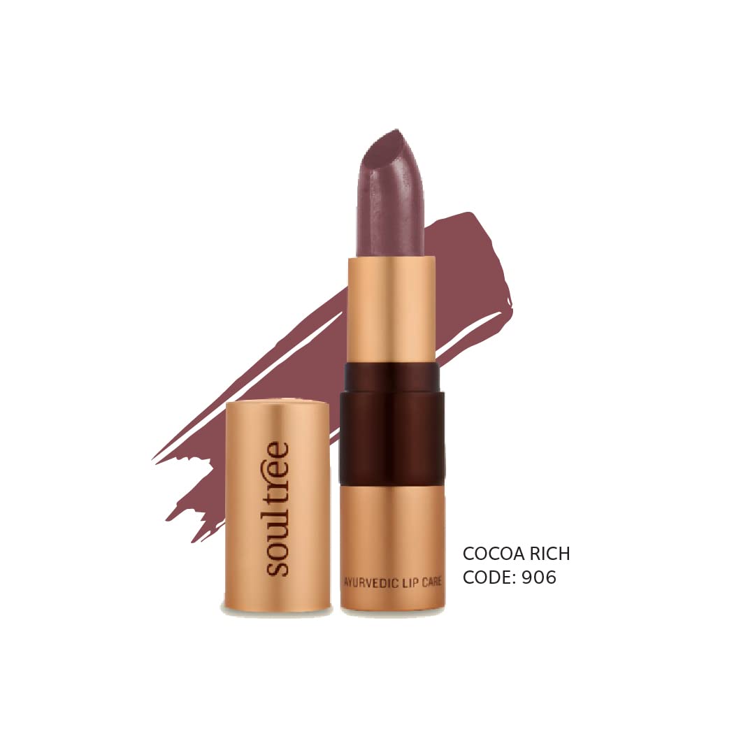 SoulTree Ayurvedic Lipstick - Colour Cocoa Rich 906, 4gm | Creamy Texture | Enriched with Organic Ghee & Almond Oil | Moistured & Nourished Lips | 4gm