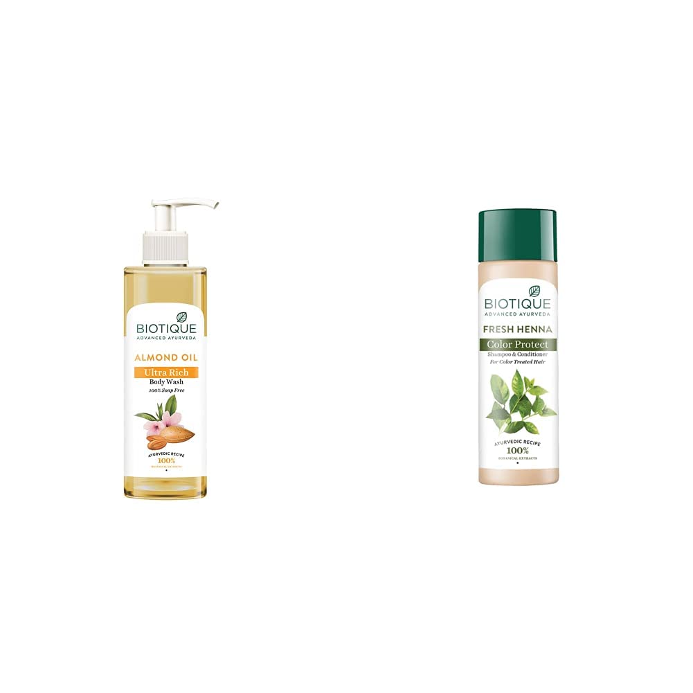 Biotique Almond Oil Ultra Rich Body Wash, Botanical Extracts, 200ml & Henna Leaf Fresh Texture Shampoo & Conditioner, 190ml