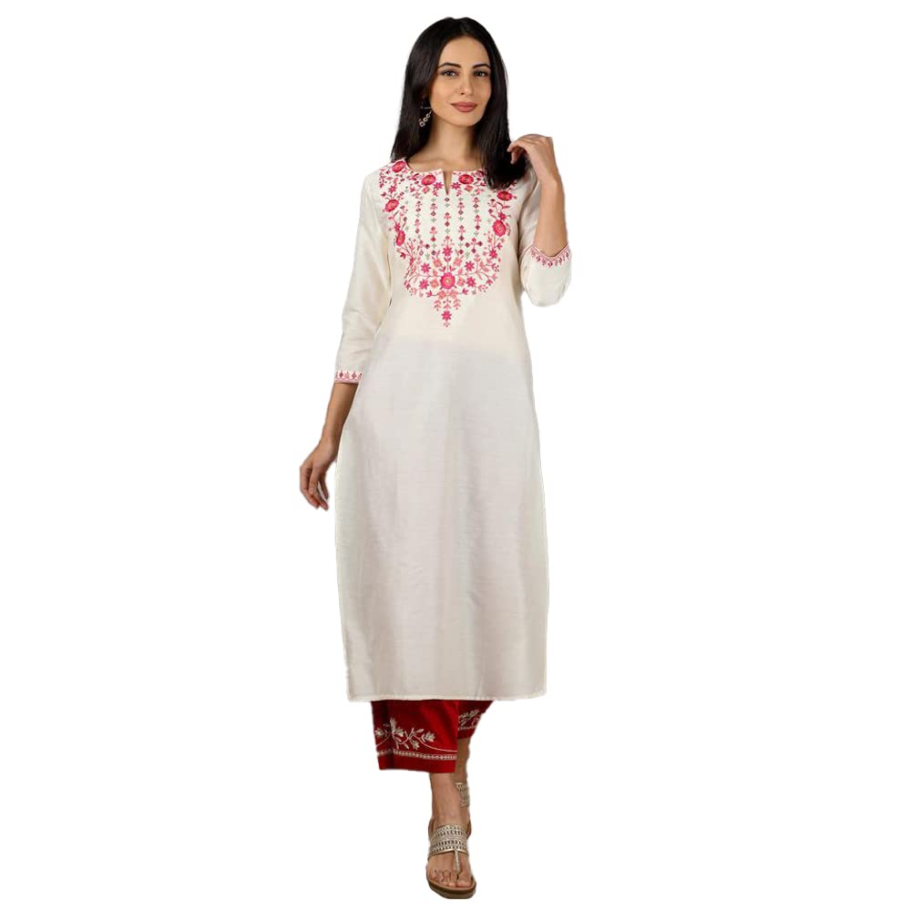 Kashish Women's  Viscose Embroidered Round Neck Straight Fit Kurta