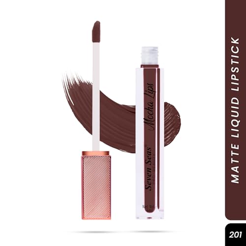 Seven Seas Mocha Lips Matte Liquid Lipstick | Non-Transfer Liquid Lipstick | 12 Hours Long Lasting | Highly Pigmented | Intense Color Payoff | Smudgeproof Liquid Lipstick for Women (201, 4ml)