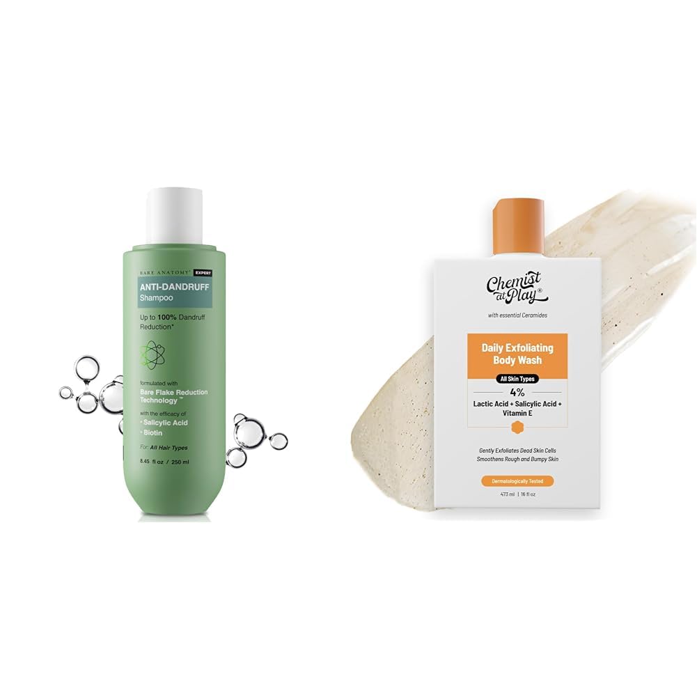Bare Anatomy Anti Dandruff Shampoo AllHair types 250ml and Chemist At Play 1% Salicylic Acid Exfoliating Body Wash 473ml
