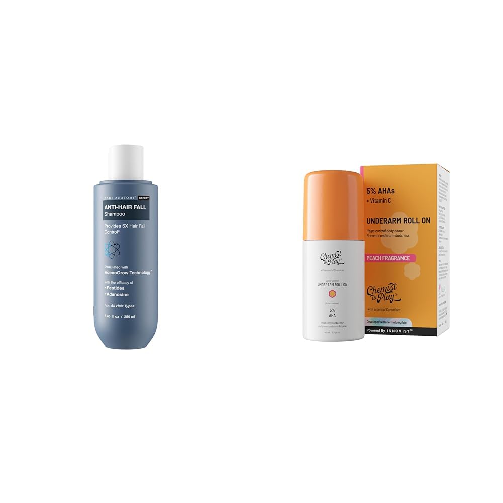 Bare Anatomy Anti Hair Fall Shampoo|5x Hair Fall Control & Growth - 250ml and Chemist at Play UnderArm Roll-On with 5% AHA, Lactic Acid & 1% Mandelic Acid - 40ml