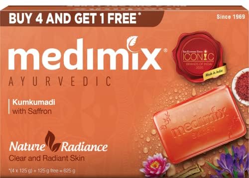 Medimix Ayurvedic Kumkumadi Bathing Soap Bar With Saffron|Kesar|For Moisturising & Radiant Glow|Herbal|Natural|Paraben-Free & Sulphate-Free|100% Vegan|125Gm(Buy 4 & Get 1 Extra Combo Pack)