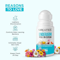 Orgatre Underarm Roll On Serum for Dark Underarms | Prevents Body Odour, Brightens Skin & Exfoliates | Fades Pigmentation, Kills Bacteria | AHA + Kojic Acid + Lactic Acid | 50ml | Unisex