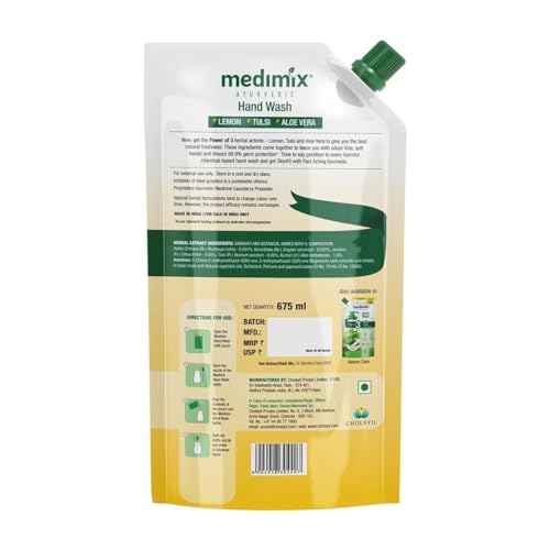 Medimix Ayurvedic Nature Fresh Hand Wash Refill With Lemon, Tulsi & Aloe Vera For Soft & Odour-Free Hands 675ml | 99.9% Germ Protection | Shop Herbal | Natural | Soap-free | 100% Vegan