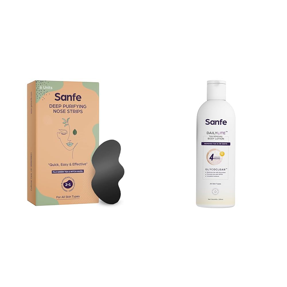 Sanfe Deep Purifying Nose Strips DailyLite Tan Removal Body Lotion Detan Non-sticky Matte Finish Removes & Prevents Tan SPF 30 Glycoclear Technology Lightens & Hydrates Results in 4 weeks