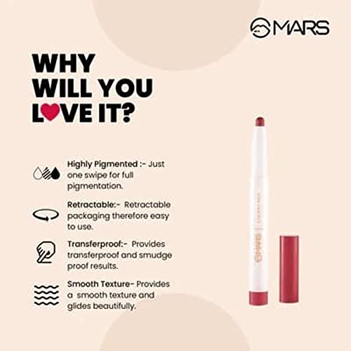 MARS Retractable Poppins Long Lasting Lip Crayon | Matte Finish | Smudge Proof & Kiss Proof Crayon Lipstick for Women (1.3 gm) (14-DRIPPING SYRUP)