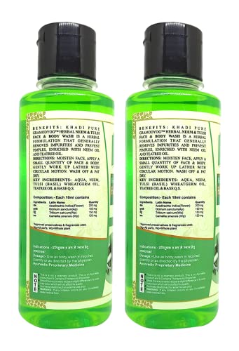 Khadi Pure Herbal Neem & Tulsi Face and Body Wash, 210 ml (Pack of 2),Green,KPNEEMTULSIBWX2