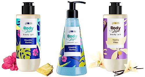 Plum BodyLovin' Vanilla Vibes Body Oil &Plum BodyLovin' Hawaiian Rumba Shower Gel &Plum BodyLovin' Hawaiian Rumba Deep Moisturization