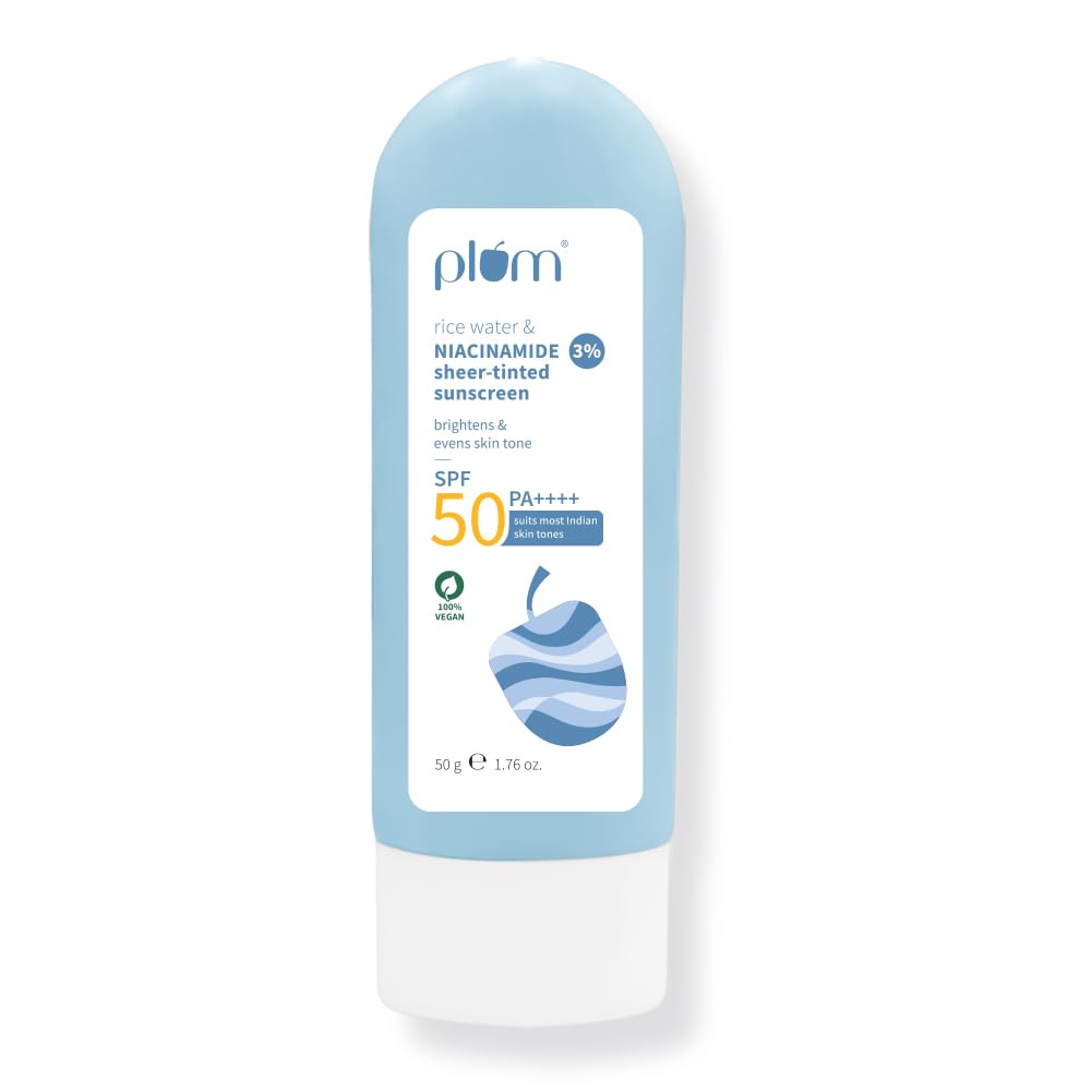 Plum Rice Water & 3% Niacinamide Sheer-Tinted Sunscreen SPF 50 PA++++ | Suitable for Most Indian Skin Tones | Sheer Coverage | Non-Oily | Women | Fragrance-free | 100% Vegan | 50gm