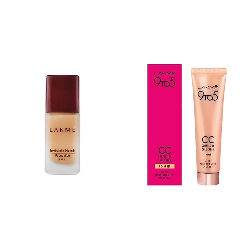 Lakmé Invisible Finish Spf 8 Natural Light Coverage Foundation, Shade 01, 25Ml And 9To 5 Complexion Care Cc Cream For Acne Prone Skin, Honey, 30G, 2 Count