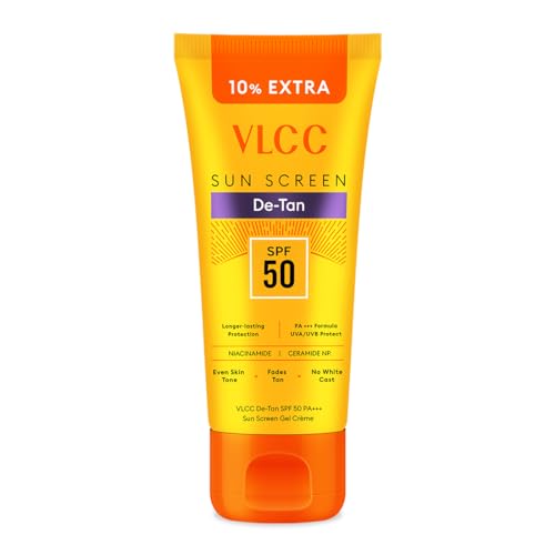 VLCC De-Tan SPF 50 PA+++ Sunscreen Gel Crème - 100g + 10g Extra | With Cucumber, Carrot, and Saxifraga Extracts | Enhances Glow, Protects from UVA, UVB Rays, and Help Reduce Dark Patches.