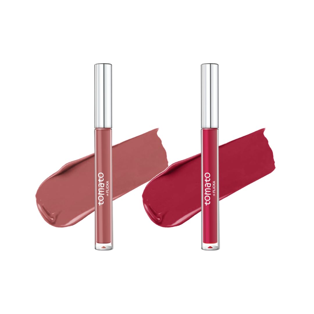 FLiCKA Tomato Liquid Matte Lipstick Transfer Proof, Smudge Proof, Non-Sticky, Creamy Lightweight, Shade 1 & Shade 4 Combo