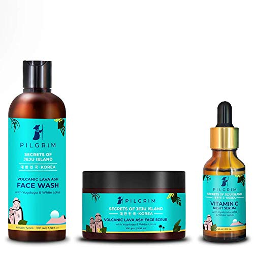 Pilgrim Face Care Pack Face Wash Cleanser 100ml + Face Scrub 100gm + Vitamin C Night Serum 30ml | Deep Pore Cleansing | Sulphate Paraben Free | Youthful skin | All Skin | Korean Beauty Secrets