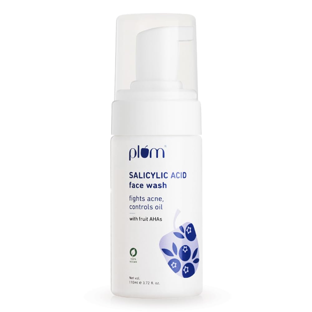 Plum 1% Encapsulated Salicylic Acid Foaming Face Wash | Fights Active Acne, Blackheads & Breakouts | with Glycolic Acid & Fruit AHAs | All Skin Types | Creamy Face Cleanser for Women & Men | 110ml