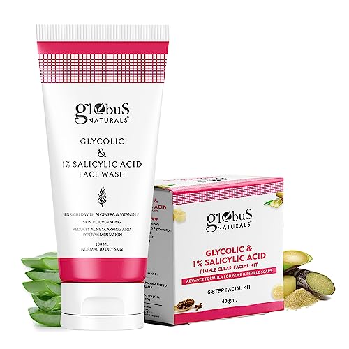 Globus Naturals Glycolic & 1% Salicylic Acid Face Wash & Facial Kit Combo, Anti Acne & Oil Control Formula, For Normal to Oily Skin
