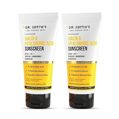 Dr. Sheth's Haldi & Hyaluronic Acid Sunscreen with 1% Hyaluronic Acid | Spf 50+ Pa+++ | Protects Against UVA/B & Blue Light | Hydrating & Brightening | For Men & Women | For All Skin Type | 50 g x 2