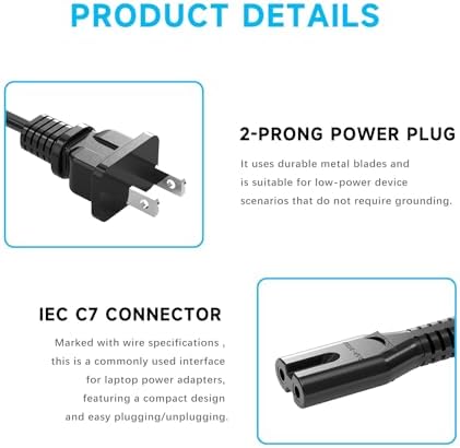 Figure 8 Power Cord 5Ft, 2 - Prong Cable Connector Compatible with Home Office Electronics TV, Printer, Laptop, Samsung Monitor