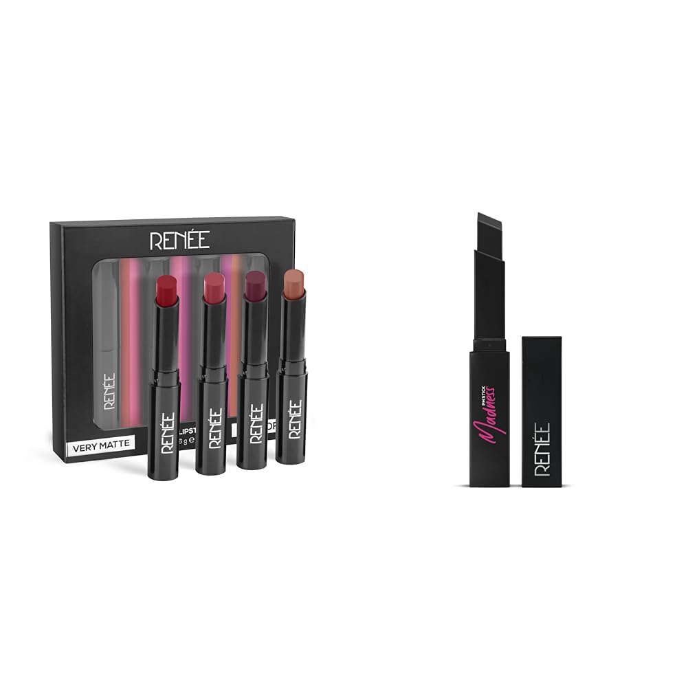 RENEE Very Matte - Pack Of 4 Matte Lipsticks & Madness Ph Lipstick 3Gm - Black Lipstick With Glossy Y Pink Payoff - Long Lasting Nourishment Combo