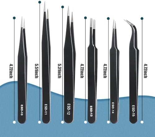 6 Pcs Precision Tweezers Set, Premium Anti - Static Stainless Steel Tweezer, ESD Curved of Tweezers for Electronics, Craft, Laboratory Work, Jewelry - Making, etc