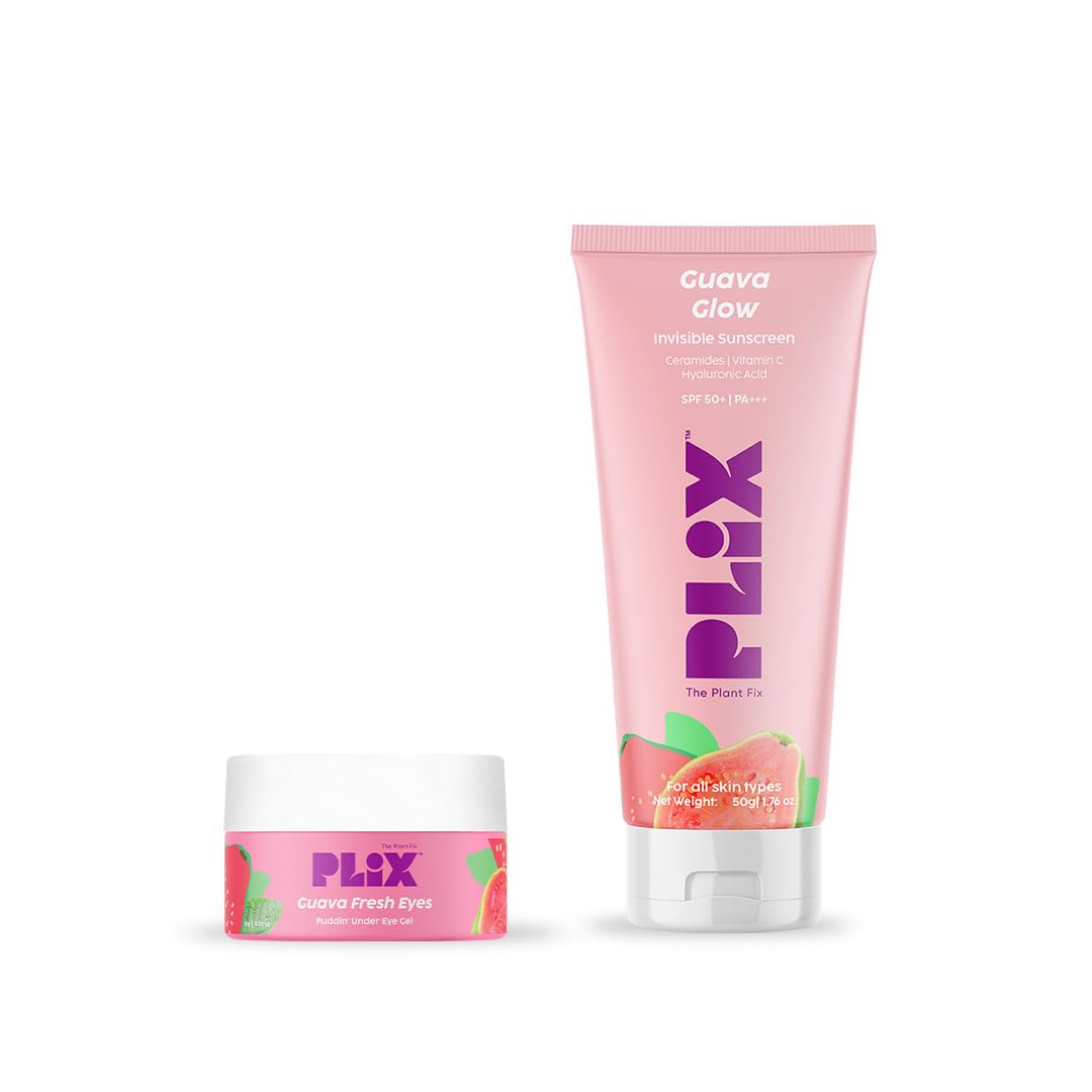The Plant Fix Plix Under-Eye Gel and SPF 50+ Guava Glow Sunscreen Combo, For Glowing Skin & Reducing Dark Circles, 3% Niacinamide, Ceramides, Vitamin C | For Women & Men, All Skin Types