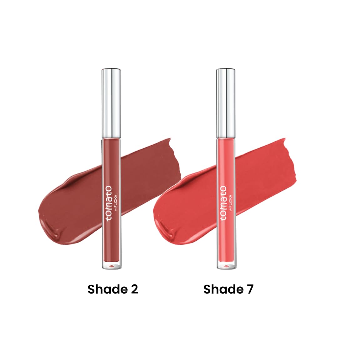 FLiCKA Tomato Liquid Matte Lipstick Transfer Proof, Smudge Proof, Non-Sticky, Creamy Lightweight Shade 2 & Shade 7 Combo